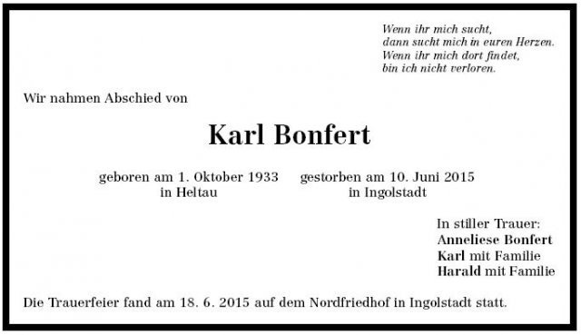 Karl Bonfert 1933-2015 Todesanzeige SBZ